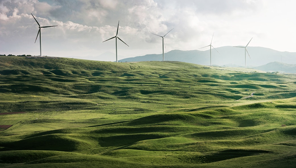 Campos verdes con molinos de energía eólica